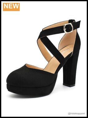 Women's Platform Pumps Chunky Block Heel Crisscross Ankle Strap Closed Toe